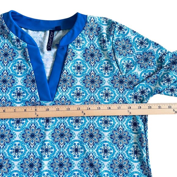 Aqua Et Sol Tunic Swim Cover Up Womens Medium Blue Tile Print UPF 50 Beach Pool - Picture 7 of 9